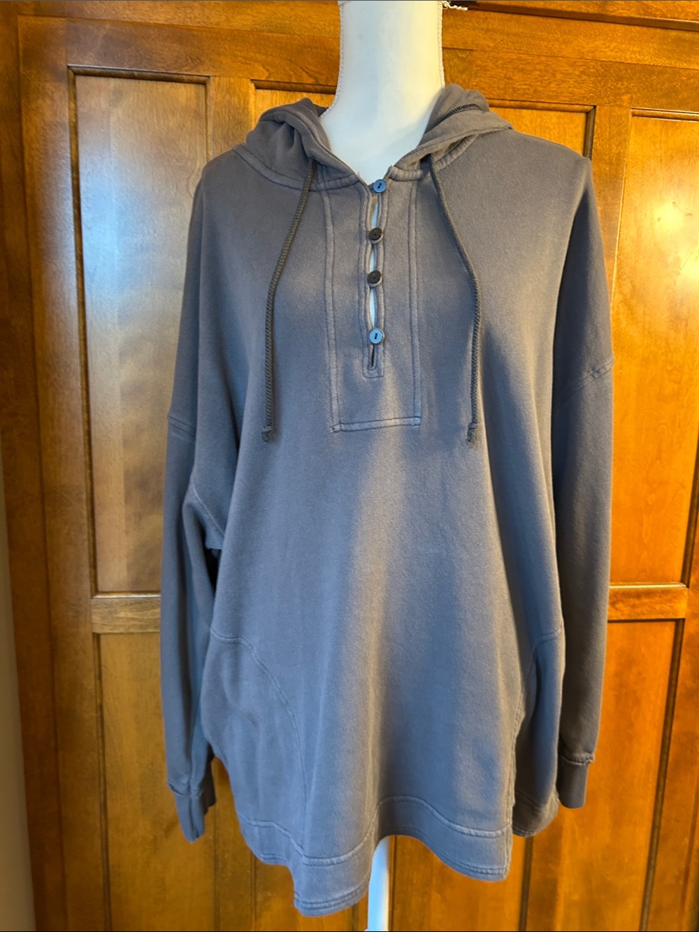 Aerie Athletic Oversized 1/4 Button Henley Style Pocket Grey Pullover Hoodie Lg